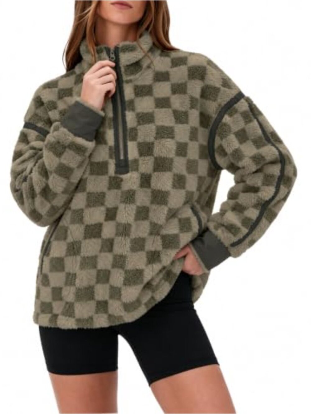 Sherpa Fleece Half-Zip Pullover Cozy Checkerboard Sweatshirt